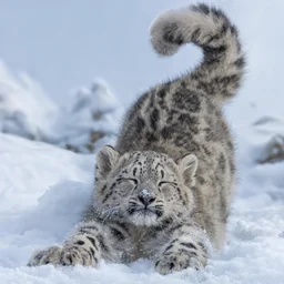 Snow Kitten logo: the cub stretching in the snow